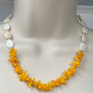 Handmade Beaded Necklace Orange Coral Branches with Mother of Pearl Oval Beads